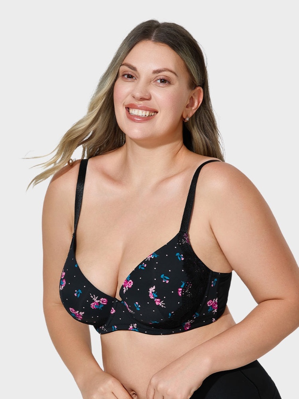 Black Push Up Bra with Pink & Blue Floral Print